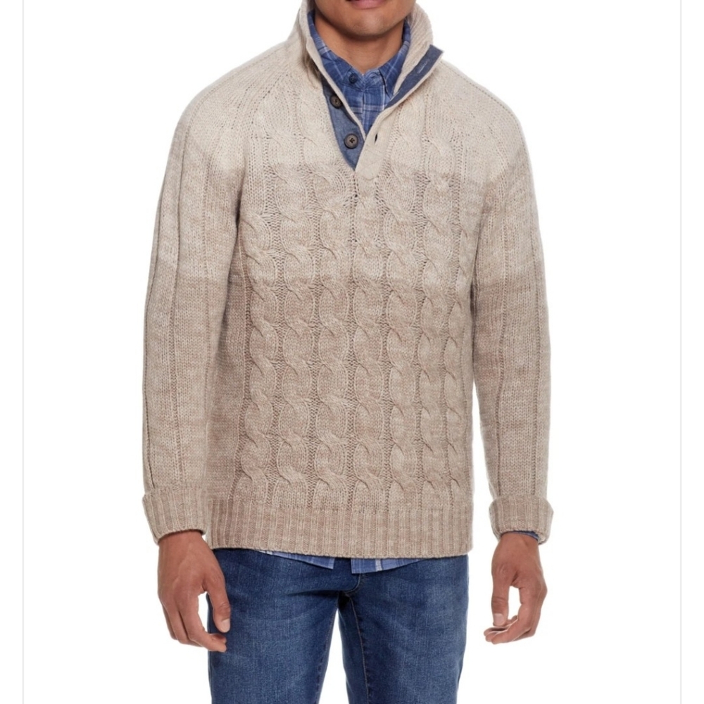 Weatherproof Vintage Men's CableKnit 1/4 Button Sweater Men's XXL Ombre Beige